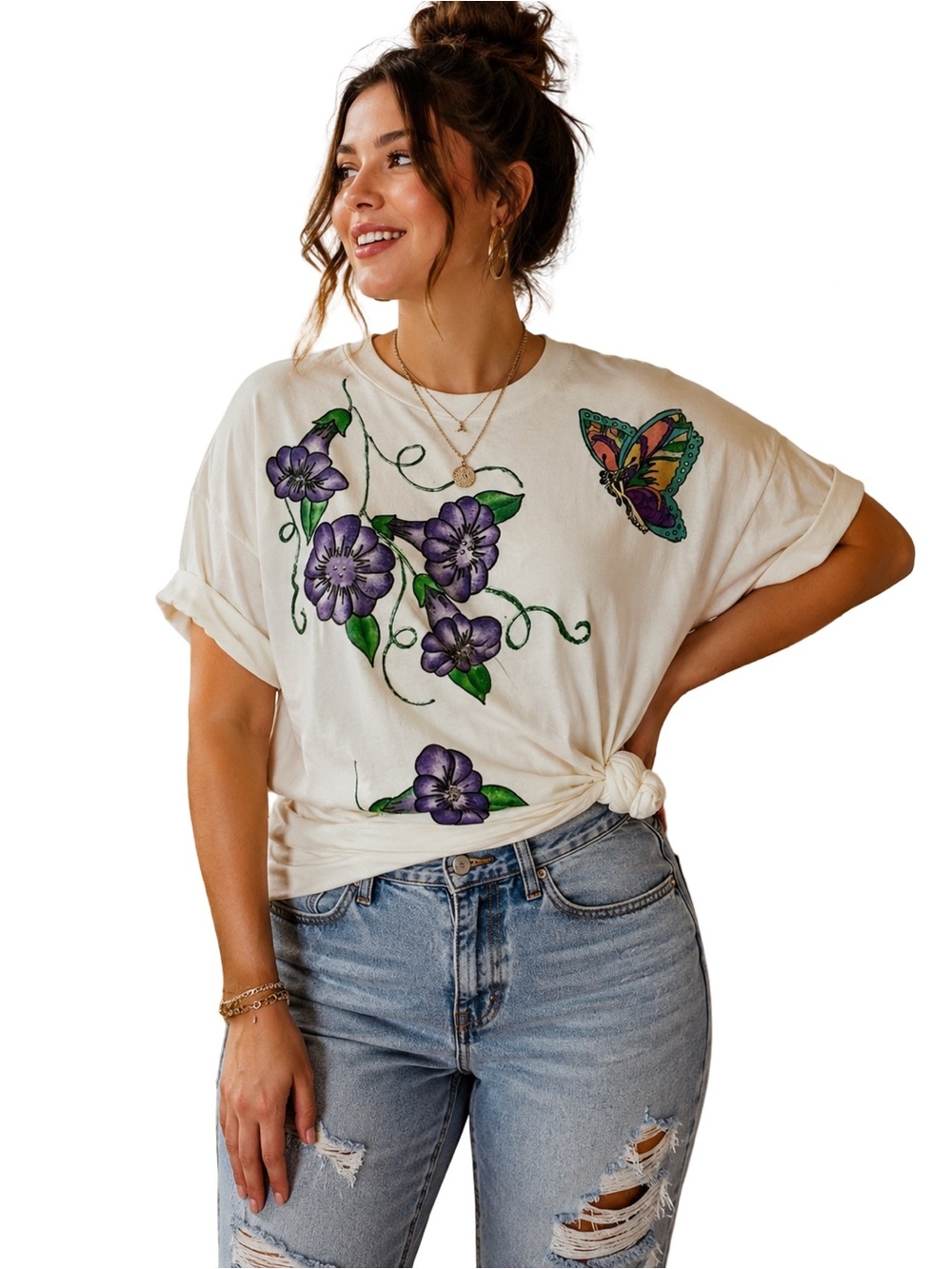 VTG USA Single Stitch Signed Patti OOAK Puffy Paint Glitter Butterfly Tee XL